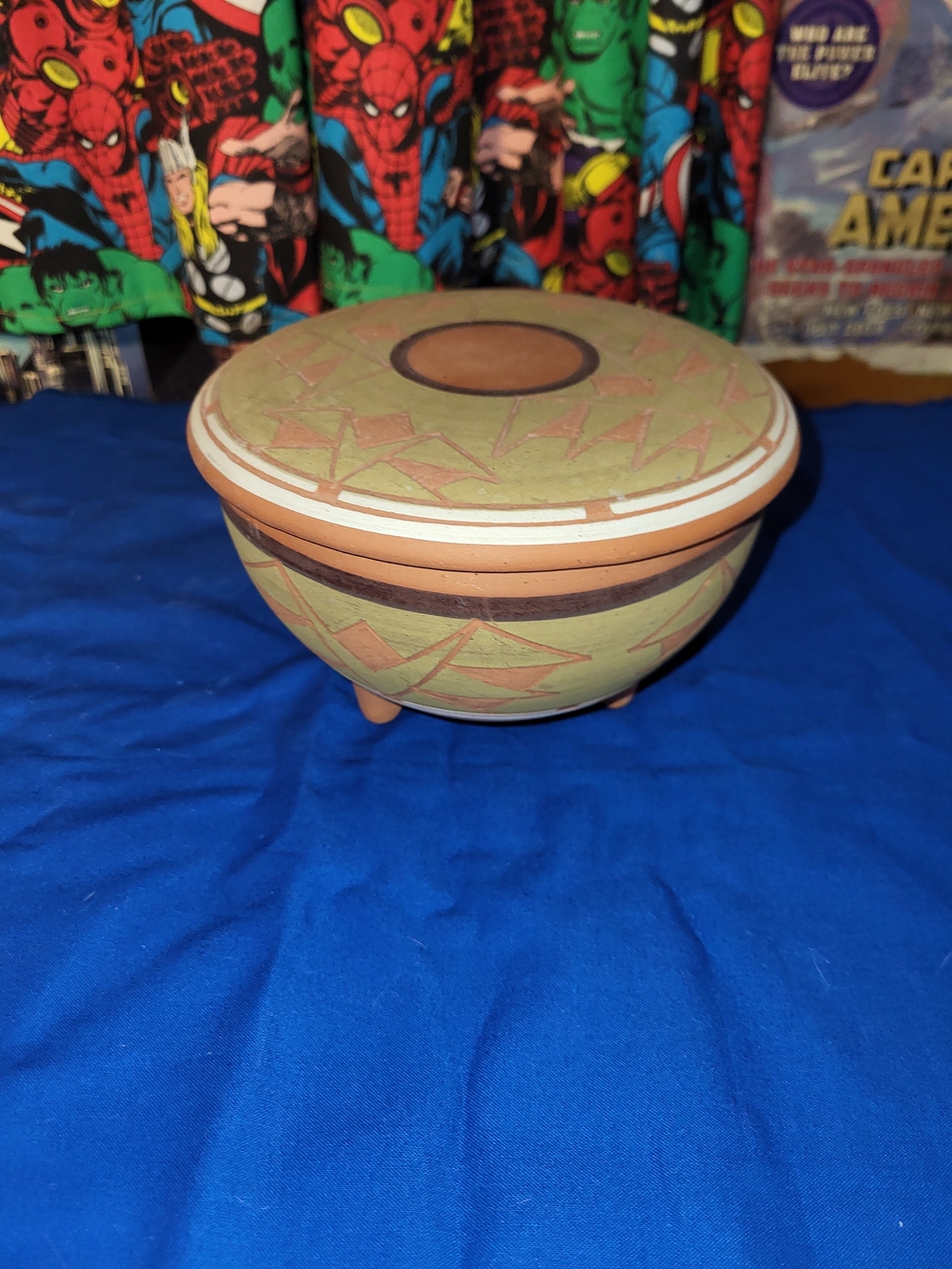 Sioux Indian Terra Cotta Lidded Bowl - Sage Green & Terracotta Handmade Vintage